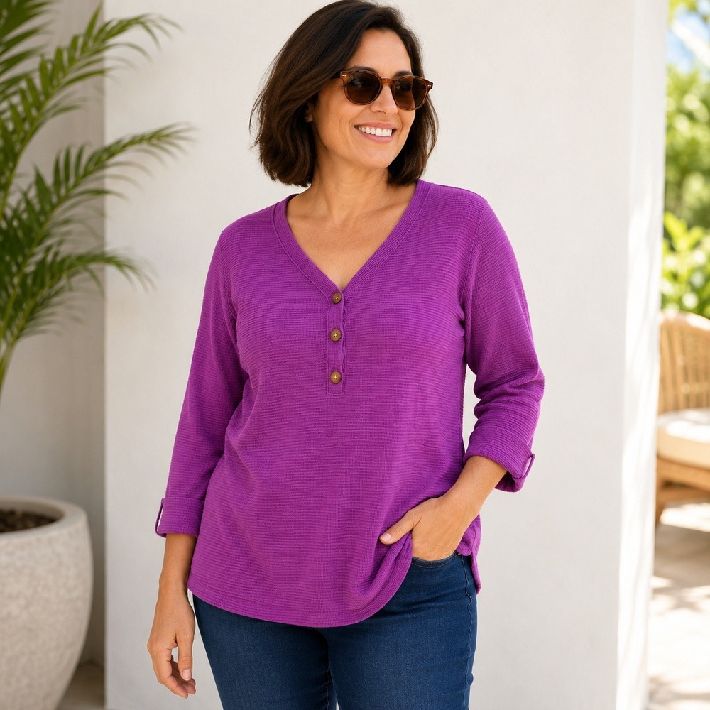 J.‎ Jill Purple Cotton Textured Henley Top 3/4 Sleeve V-Neck Slub Knit Large